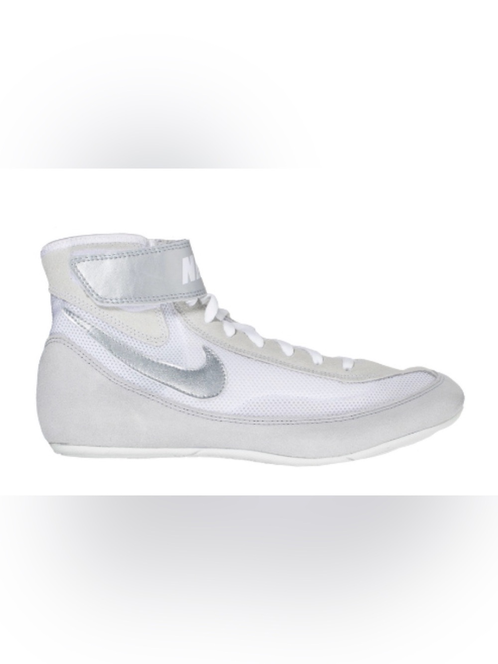 Nike White and Silver High-Top Sneaker with Metallic Swoosh